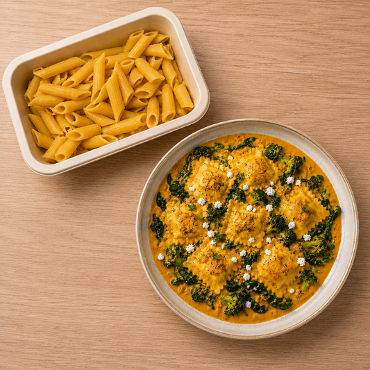 Pumpkin and feta ravioli in a creamy sauce with broccoli and spinach, served with high-protein penne pasta from Fuel & Prep Co, for Bundles.