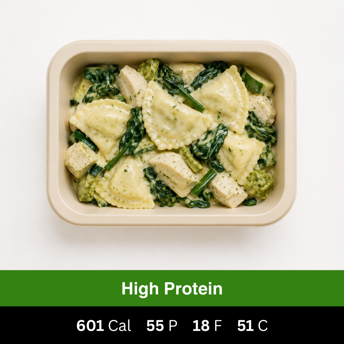 High-protein spinach and ricotta agnolotti served with creamy pesto chicken and leafy greens. Fresh ready-made meal by Fuel & Prep Co.