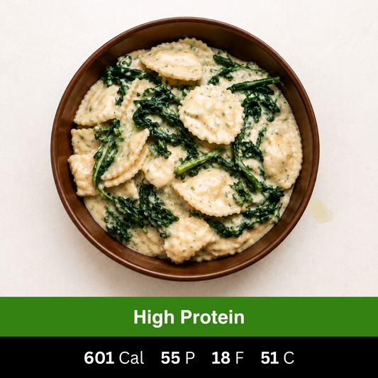 High-protein spinach and ricotta agnolotti with creamy pesto chicken and greens. Fresh chef-made ready meal from Fuel & Prep Co.