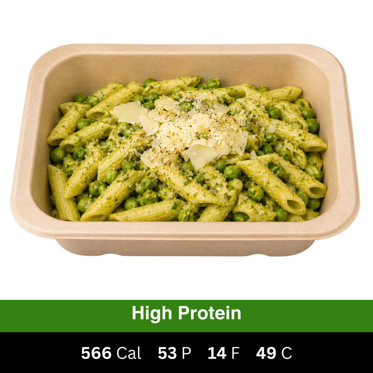 High-protein creamy chicken pesto pasta with penne, green peas and parmesan. Fresh chef-made ready meal from Fuel & Prep Co.