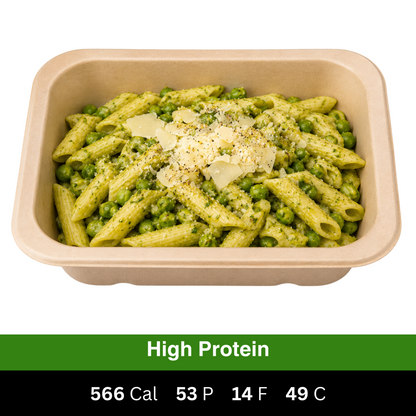 High-protein creamy chicken pesto pasta with penne, green peas and parmesan. Fresh chef-made ready meal from Fuel & Prep Co.