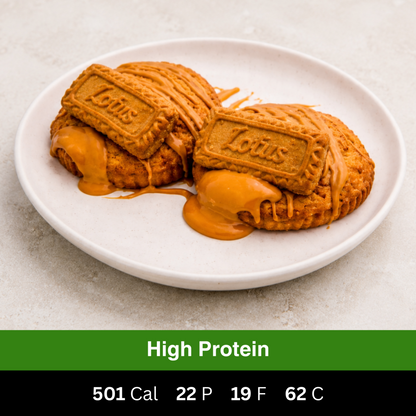 High-protein Biscoff protein cookies with creamy Lotus Biscoff spread and Lotus biscuits. Fresh ready-made protein dessert by Fuel & Prep Co.