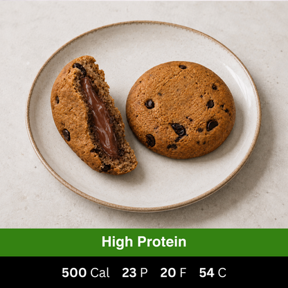 High-protein Nutella protein cookie with a soft baked texture and gooey Nutella centre. Fresh chef-made protein dessert by Fuel & Prep Co.